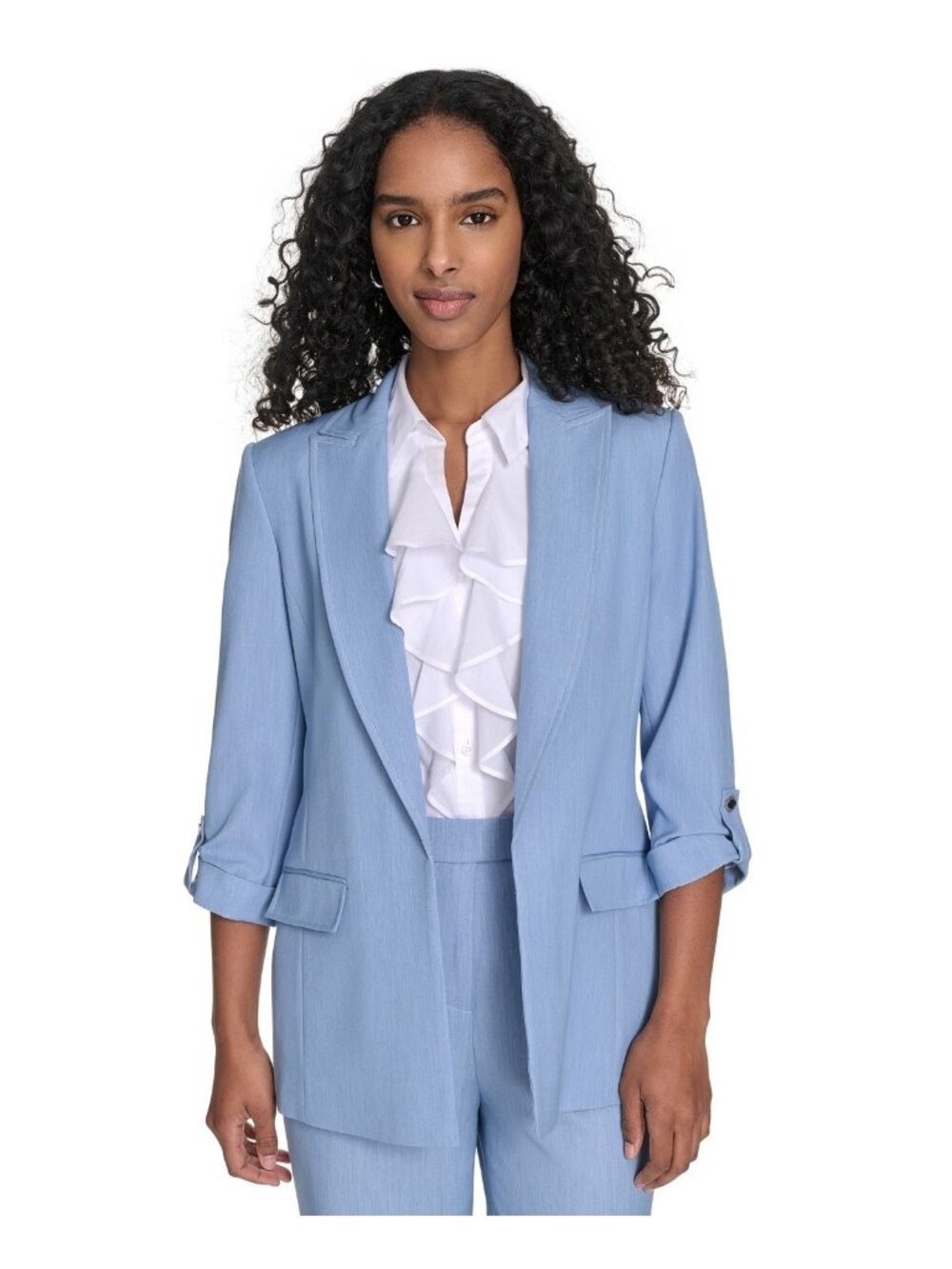 Calvin Klein Women Faux-Denim Roll-Sleeve Opened Jacket Light Blue Size 12 $159